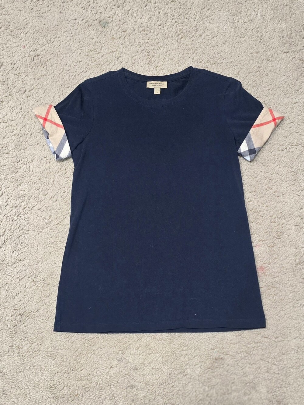 BURBERRY BRIT Shirt Blue Cotton Short Sleeve Nova Check Cuff Navy Blue Sz Medium